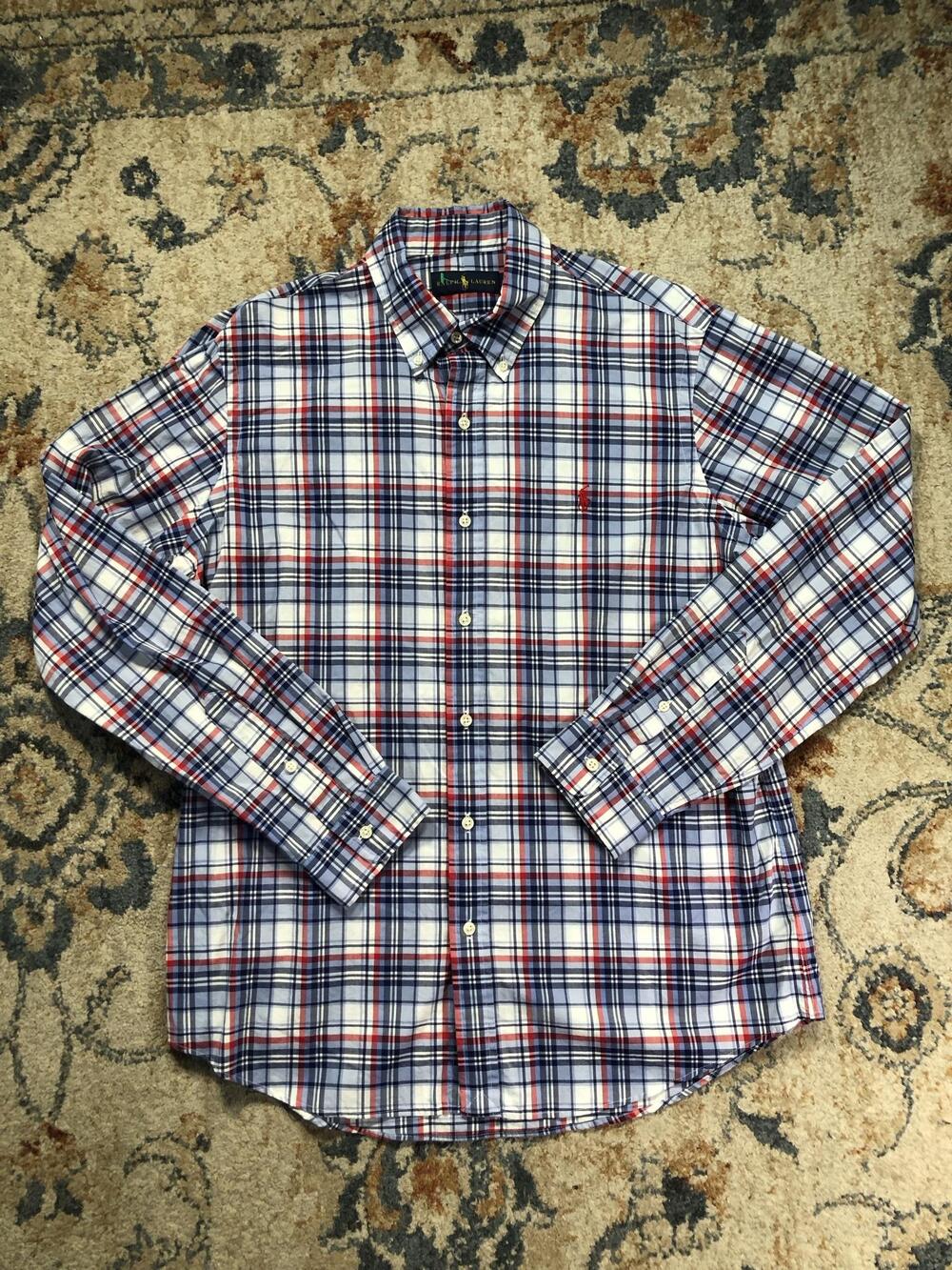 Ralph Lauren Shirt Mens LT Blue Red Plaid Long Sleeve Button Down Pony Logo